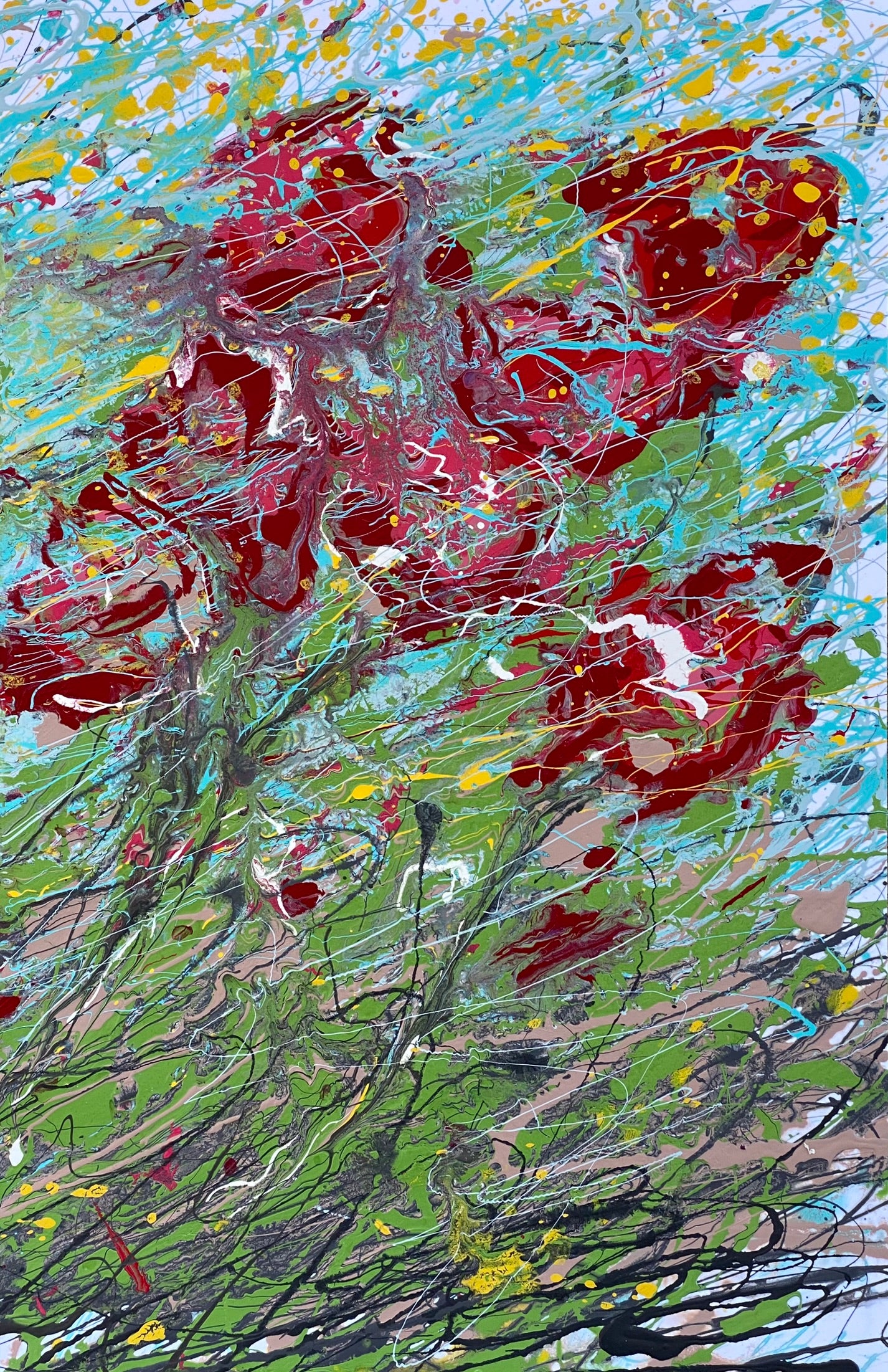 Red flowers resisting the wind