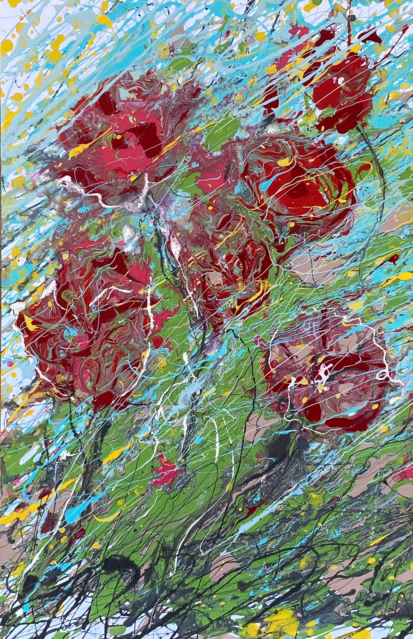 Red flowers resisting the wind